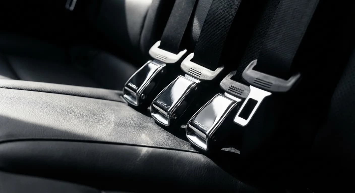 Transformer voiture société en 5 places : quel prix ? Gros plan sur les boucles de ceintures de sécurité arrière