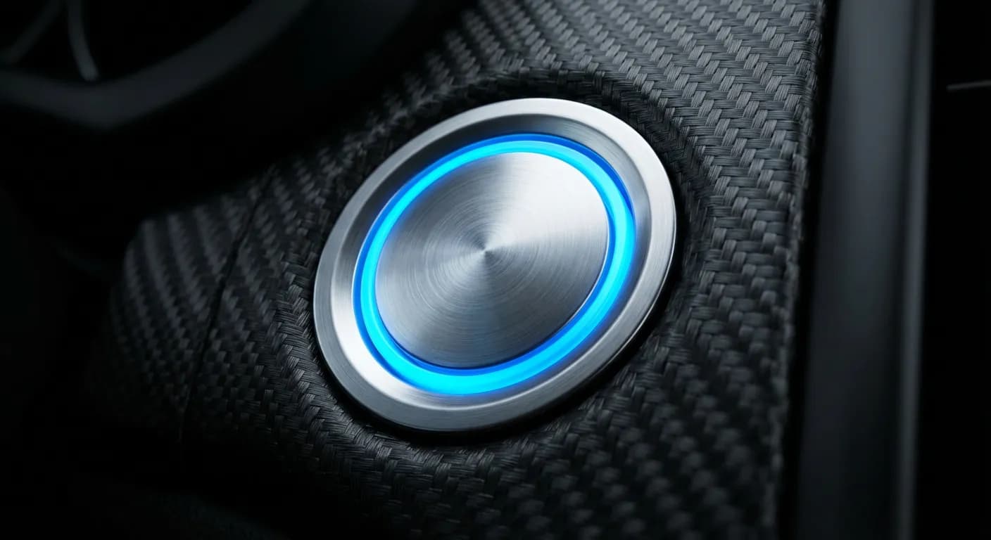 Avis batterie Fulmen : performance et fiabilité en 2024 Gros plan sur un bouton de démarrage start-stop de voiture moderne