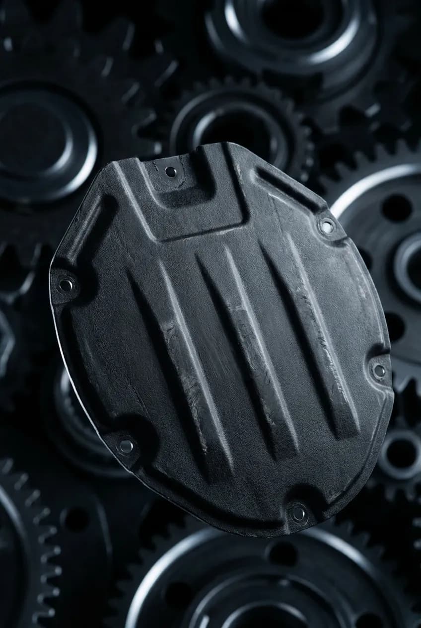 Rouler sans cache sous moteur : quels sont les risques ? Gros plan minimaliste d'un cache sous moteur en plastique haute résistance.